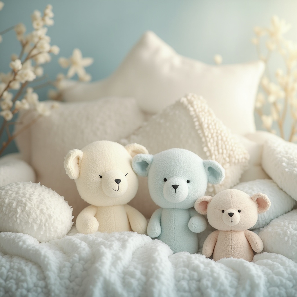 Prompt: Soft baby blue hues, calming atmosphere, gentle rounded shapes, creamy whites, warm beige tones, natural textures, cozy nurseries, adorable stuffed animals, fluffy cloud-like formations, whimsical illustrations, soothing color gradients, subtle pastel shades, delicate lace patterns, vintage-inspired accessories, distressed wood accents, rustic country charm, serene morning light, shallow focus, 1/1 composition, realistic renderings.