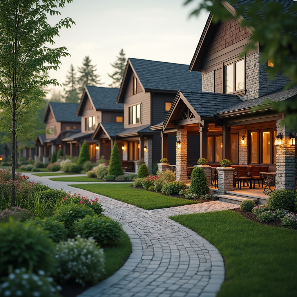 Prompt: Suburban homes, harmonious neighborhood, lush green lawns, blooming gardens, paved walkways, modern suburban architecture, gabled roofs, large windows, natural stone facades, wood accents, inviting porches, cozy outdoor seating, lantern-style lighting, warm ambient glow, shallow depth of field, 1/1 composition, natural textures, soft focus effect, vibrant colors, eclectic decor, rustic-chic style, earthy tones, organic forms.