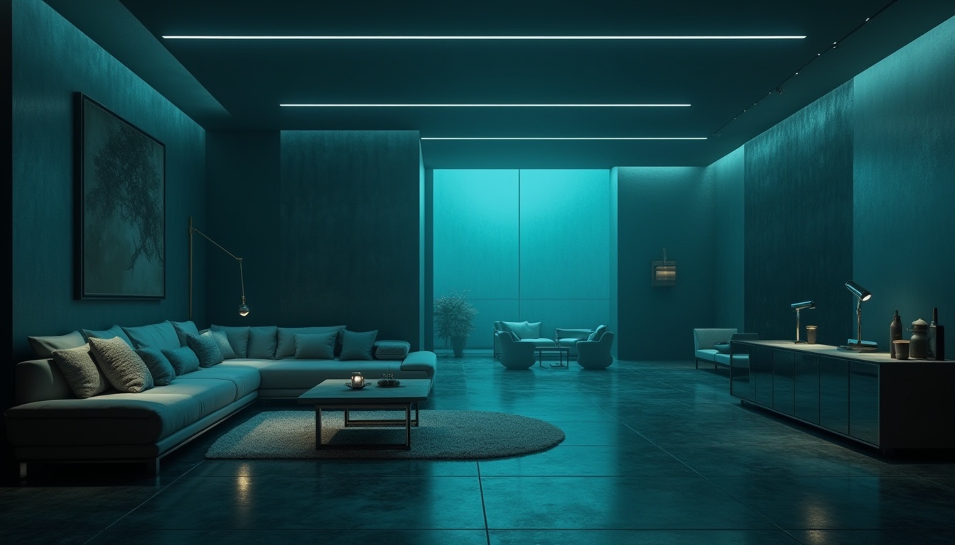 Prompt: Moody dark cyan walls, sleek modern furniture, metallic accents, glossy floors, ambient LED lighting, minimalist decor, abstract artwork, geometric patterns, luxurious fabrics, subtle gradient effects, shallow depth of field, 1/1 composition, cinematic mood, atmospheric fog, mysterious shadows, futuristic vibe, high-tech gadgets, avant-garde architecture.