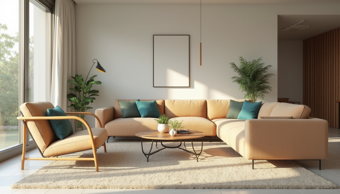 Prompt: Elegant lounge chairs, plush cushions, warm beige upholstery, wooden armrests, subtle chrome legs, cozy corner sofas, vibrant turquoise accent pillows, rustic wooden coffee tables, soft cream-colored rugs, floor-to-ceiling windows, natural daylight, calming atmosphere, minimalist decor, 1/2 composition, shallow depth of field, realistic textures, ambient occlusion.