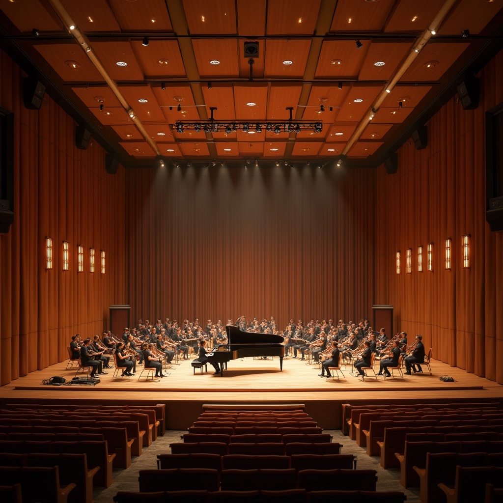 Prompt: Elegant performance hall, curved wooden panels, sound-absorbing materials, acoustic ceilings, tiered seating, professional lighting rigs, grand pianos, orchestral instruments, refined wood flooring, velvet curtains, ornate chandeliers, intimate ambiance, warm color palette, subtle texture variations, realistic reflections, shallow depth of field, 2/3 composition, dramatic spotlights, soft box lighting, ambient occlusion.