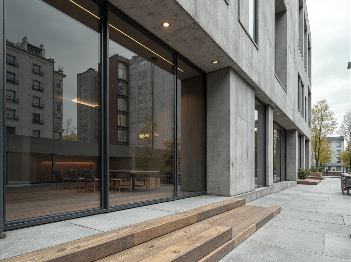 Prompt: Exterior concrete walls, large glass windows, minimalist metal frames, polished steel accents, natural stone flooring, reclaimed wood panels, industrial chic aesthetic, urban cityscape, cloudy grey sky, soft diffused lighting, shallow depth of field, 1/1 composition, realistic textures, ambient occlusion.