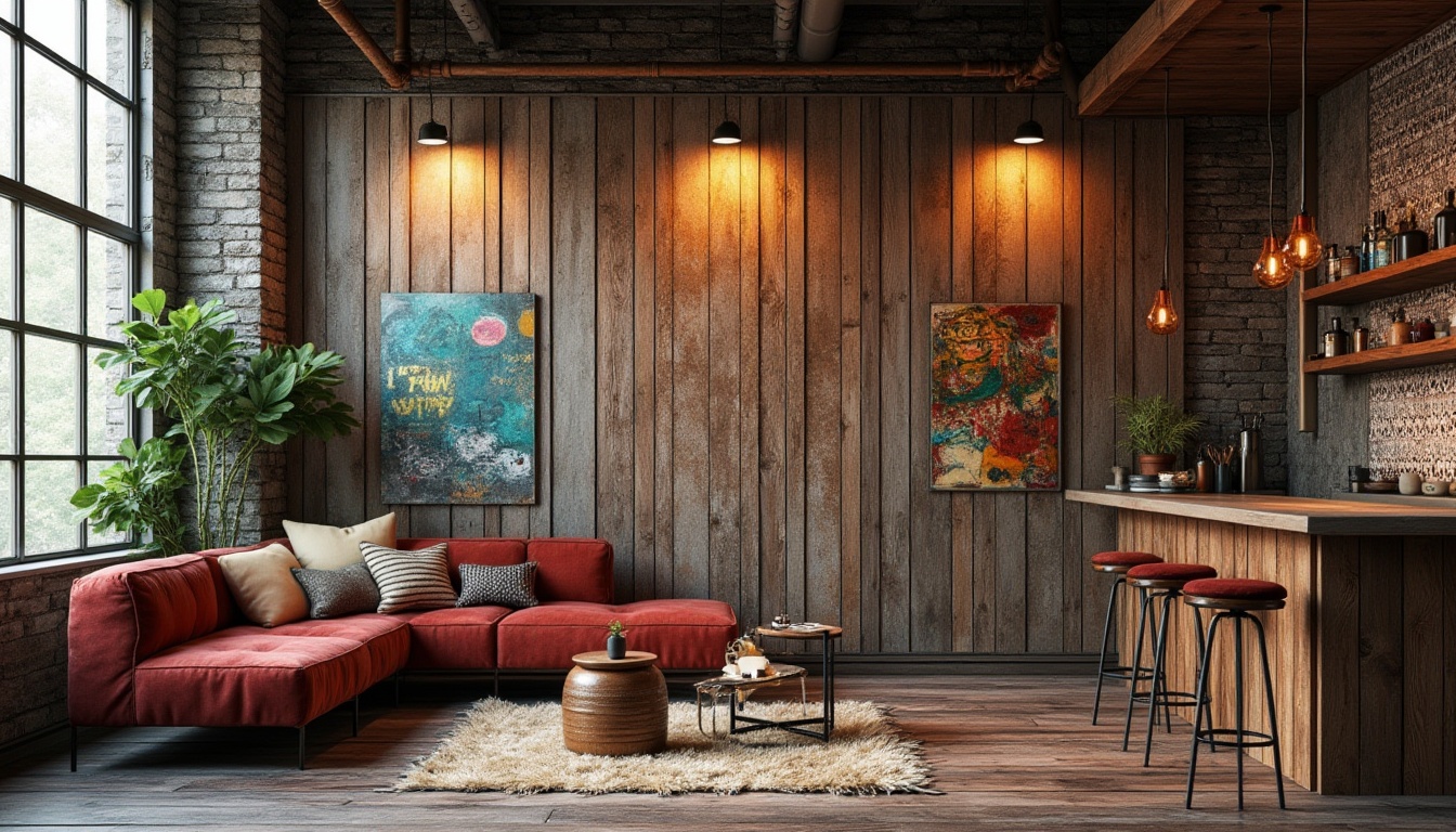 Prompt: Rustic wooden planks, distressed metal panels, rough stone walls, vibrant street art murals, eclectic decorative tiles, plush velvet fabrics, reclaimed wood accents, industrial metal beams, exposed brick textures, modern minimalist lighting, warm cozy ambiance, shallow depth of field, 1/1 composition, realistic material rendering, ambient occlusion.