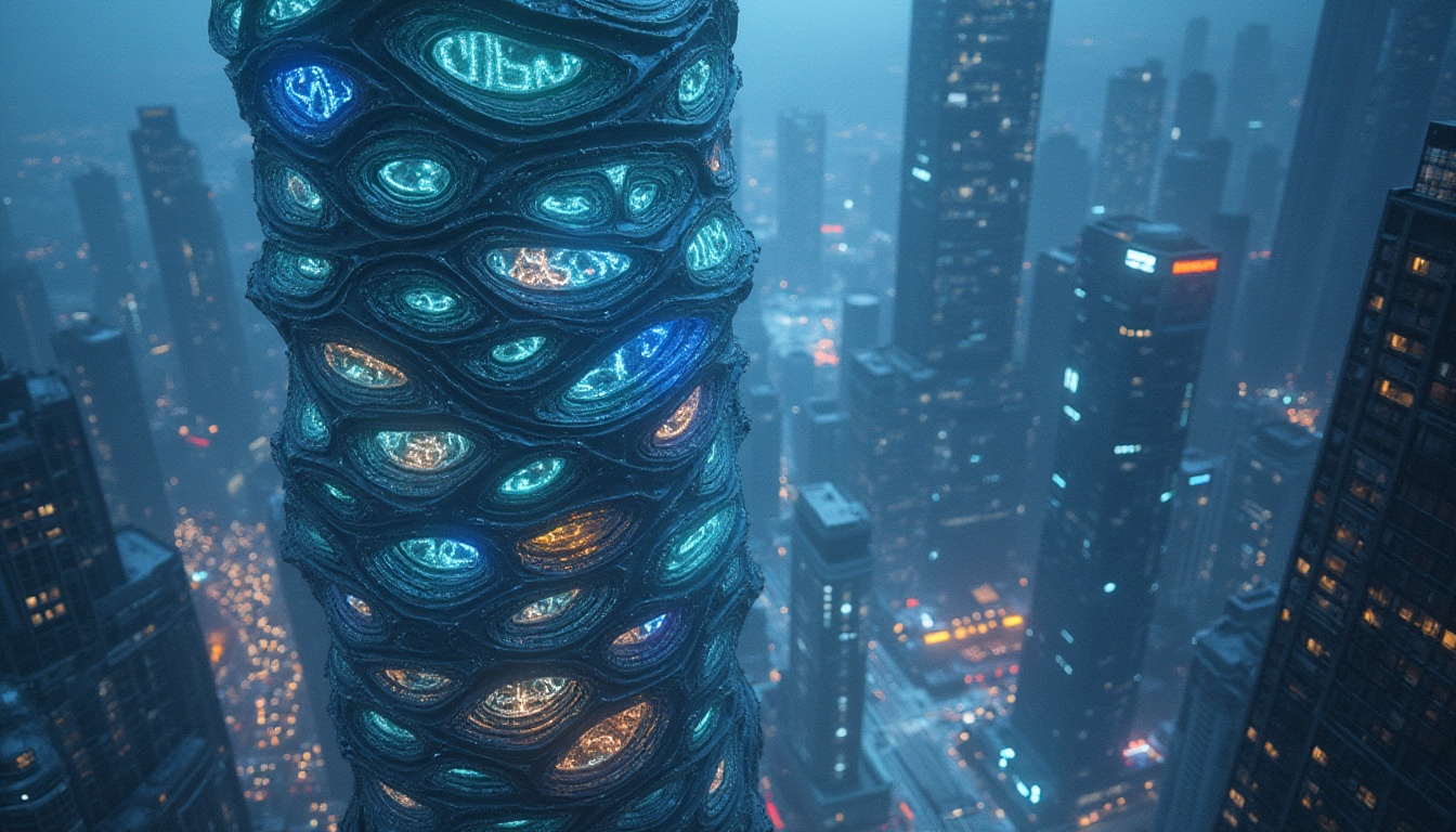 Prompt: Bioluminescent metabolic facade, undulating curves, parametric architecture, dynamic LED patterns, adaptive shading systems, responsive photovoltaic tiles, energy-harvesting skin, organic-inspired forms, futuristic skyscraper, urban cityscape, vibrant neon lights, misty atmosphere, shallow depth of field, 1/2 composition, symmetrical framing, cinematic lighting, detailed textures, ambient occlusion.