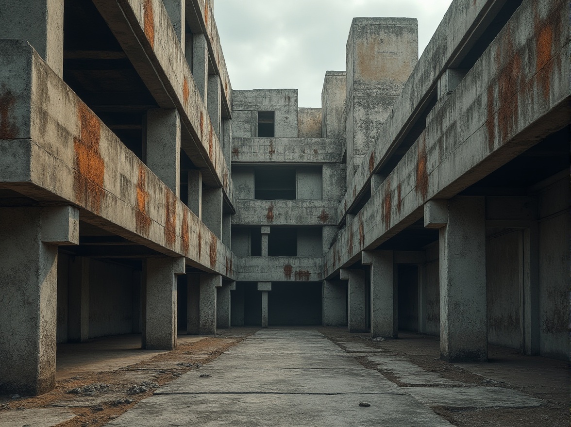 Prompt: Rugged brutalist architecture, exposed concrete structures, industrial steel beams, weathered stone walls, raw earthy tones, muted grayish browns, deep charcoal blacks, warm beige accents, distressed metal surfaces, urban cityscape background, overcast sky, dramatic shadows, high contrast lighting, abstract composition, gritty textures, atmospheric perspective.