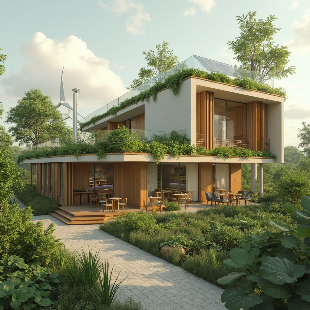 Prompt: Eco-friendly buildings, recycled materials, low-carbon footprint, green roofs, solar panels, wind turbines, rainwater harvesting systems, natural ventilation, biodegradable walls, bamboo flooring, reclaimed wood accents, earthy color palette, organic textures, soft diffused lighting, 1/1 composition, shallow depth of field, realistic renderings.