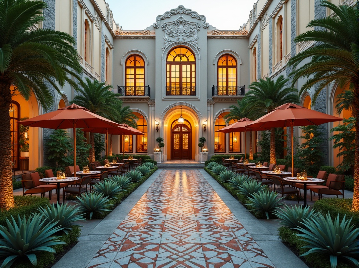 Prompt: Luxurious Art Deco building facade, ornate metalwork, symmetrical gardens, vibrant tropical plants, curved walkways, intricate stonework, ornamental fountains, majestic palm trees, stylish outdoor furniture, geometric patterned tiles, bold colorful accents, dramatic spot lighting, warm golden hour, shallow depth of field, 1/1 composition, realistic textures, ambient occlusion.