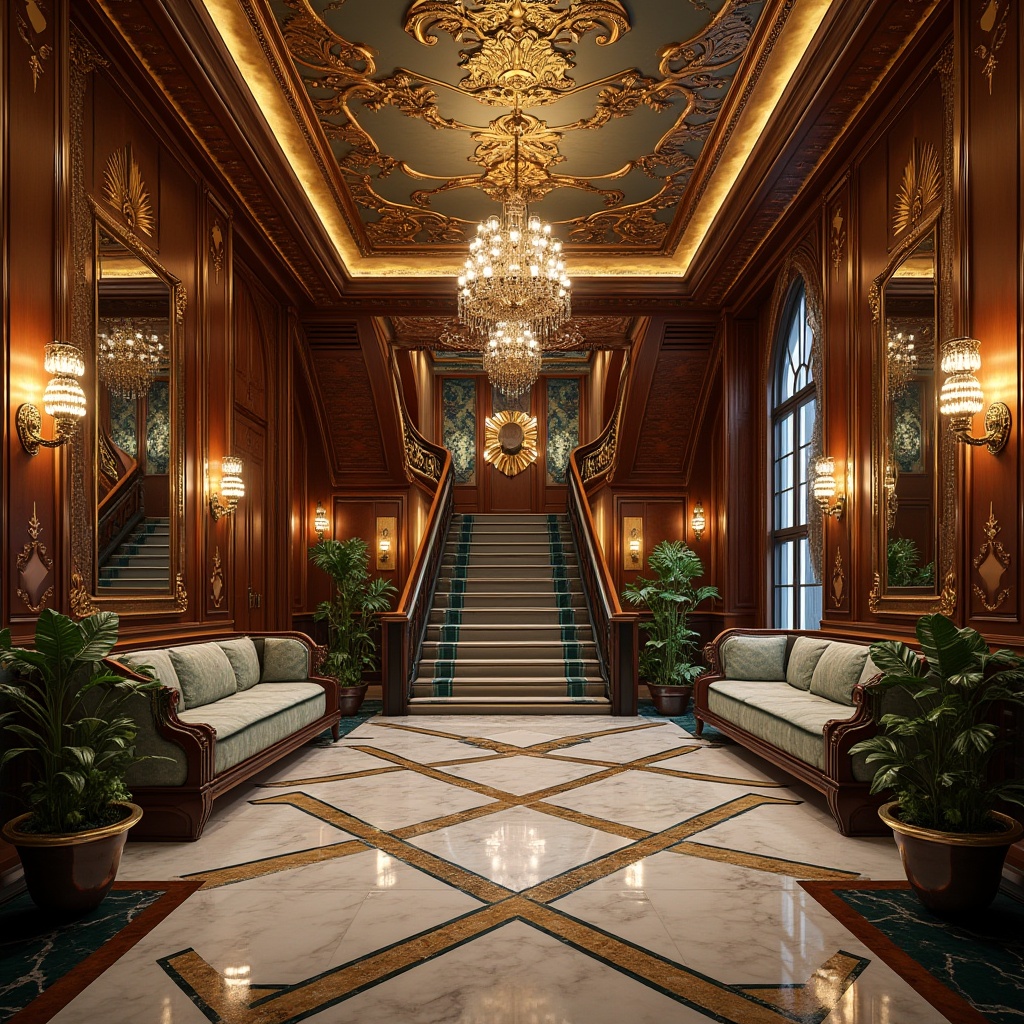 Prompt: Luxurious Art Deco interior, polished chrome accents, ornate geometric patterns, glossy marble floors, velvet upholstery, metallic leafing, rich jewel-toned colors, intricately carved wooden panels, beveled mirrors, opulent crystal chandeliers, sunburst motifs, chevron designs, luxurious silk fabrics, inlaid wood veneers, ornate metalwork, grandiose staircases, dramatic spotlights, cinematic shadows, high-contrast lighting, 1/1 composition, shallow depth of field.