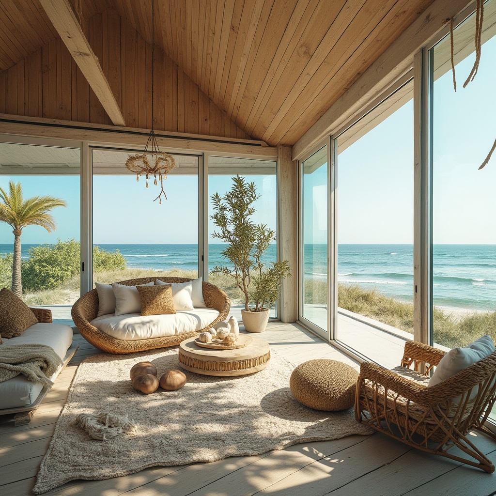 Prompt: Coastal beach house, modern angular lines, wooden accents, large windows, sliding glass doors, ocean views, sandy dunes, sea shells, driftwood decorations, natural textiles, woven rattan furniture, nautical ropes, distressed wood planks, coral-inspired patterns, turquoise hues, sunny day, warm soft lighting, shallow depth of field, 3/4 composition, panoramic view, realistic textures, ambient occlusion.