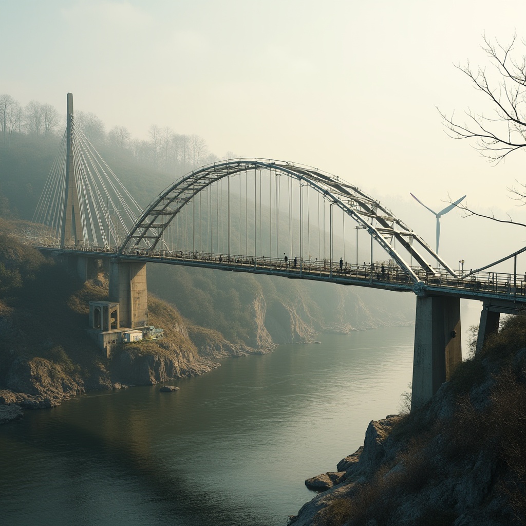 Prompt: Eco-friendly bridge, curved steel arches, recycled concrete piers, green roofs, solar panel railings, wind turbine-powered lighting, minimalist cable-stayed design, natural stone abutments, weathered steel surfaces, rustic wooden decking, serene river views, misty morning atmosphere, soft warm lighting, shallow depth of field, 3/4 composition, panoramic view, realistic textures, ambient occlusion.