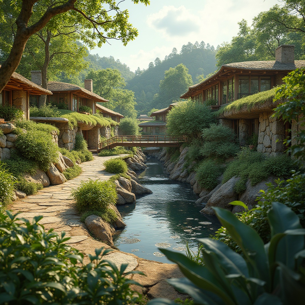 Prompt: Organic landscape integration, natural stone walls, lush green roofs, native plant species, meandering pathways, wooden bridges, serene water features, rustic metal accents, earthy color palette, warm sunny day, soft diffused lighting, shallow depth of field, 1/2 composition, panoramic view, realistic textures, ambient occlusion.Please let me know if this meets your requirements!