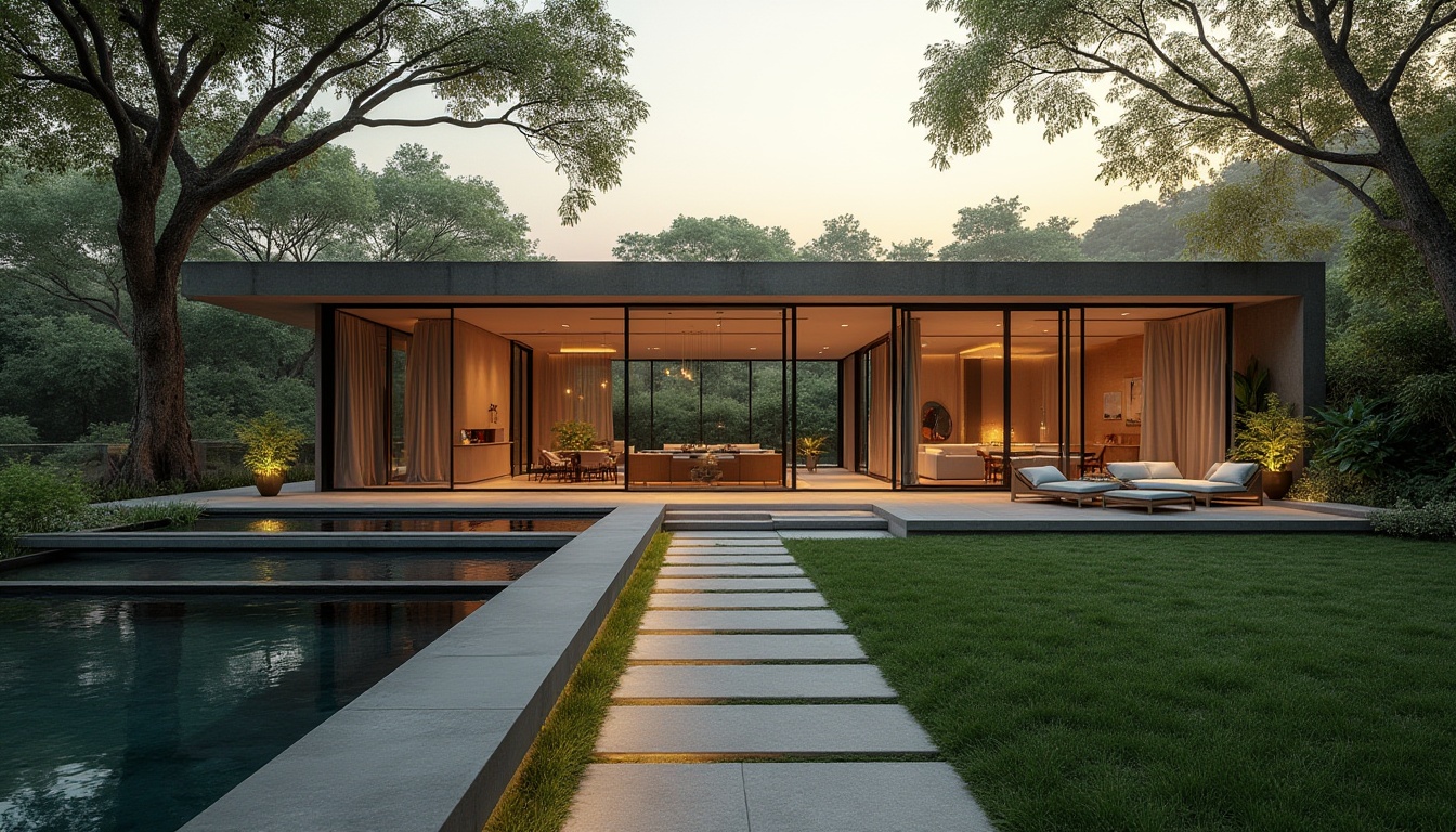 Prompt: Harmonious modern villa, sleek minimalist lines, neutral color palette, floor-to-ceiling windows, sliding glass doors, lush green surroundings, mature trees, natural stone pathways, serene water features, ambient outdoor lighting, warm sunset glow, soft focus photography, shallow depth of field, 2/3 composition, atmospheric perspective, realistic textures, subtle color grading.