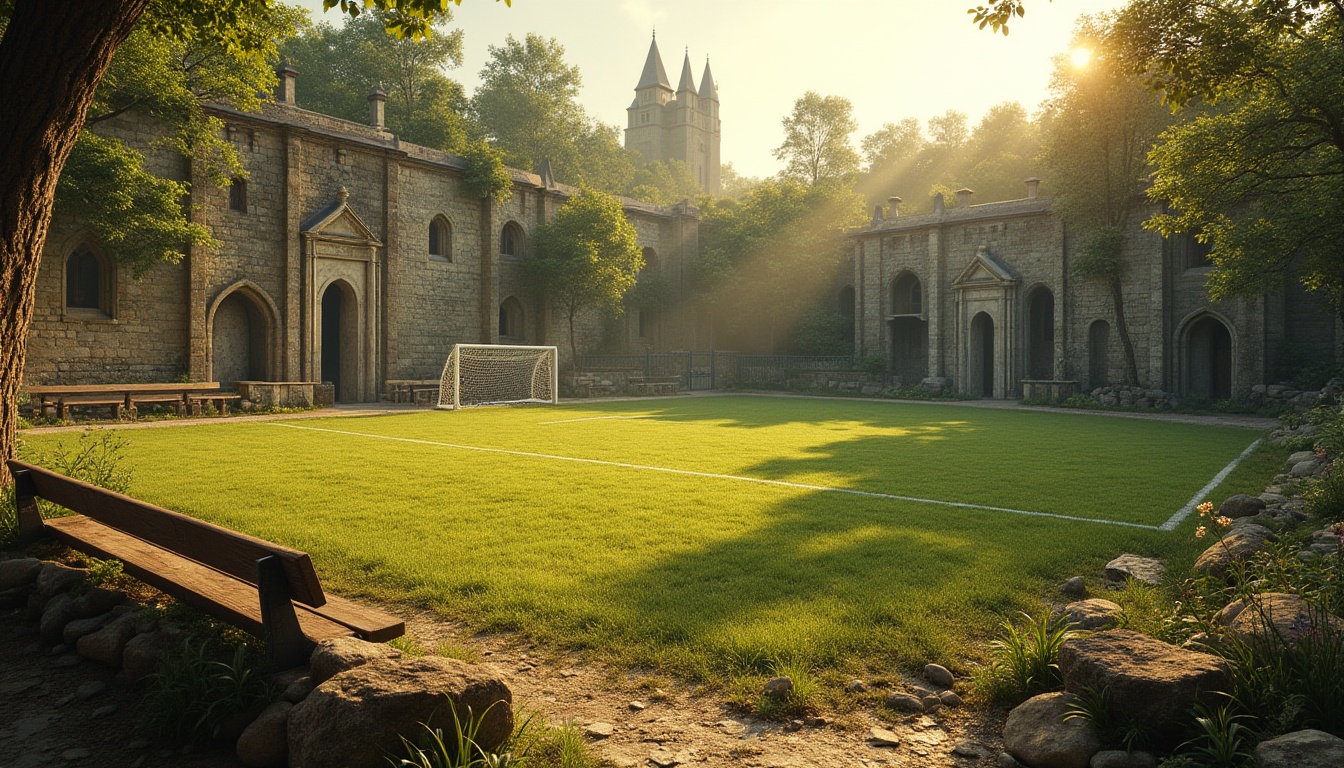 Prompt: Rustic sports field, natural grass terrain, weathered stone walls, distressed wood benches, vintage metal goalposts, earthy tone color scheme, rough-hewn stone pathways, ornate iron fences, Gothic-inspired archways, lush greenery, sun-drenched atmosphere, warm golden lighting, shallow depth of field, 2/3 composition, symmetrical framing, realistic textures, ambient occlusion.