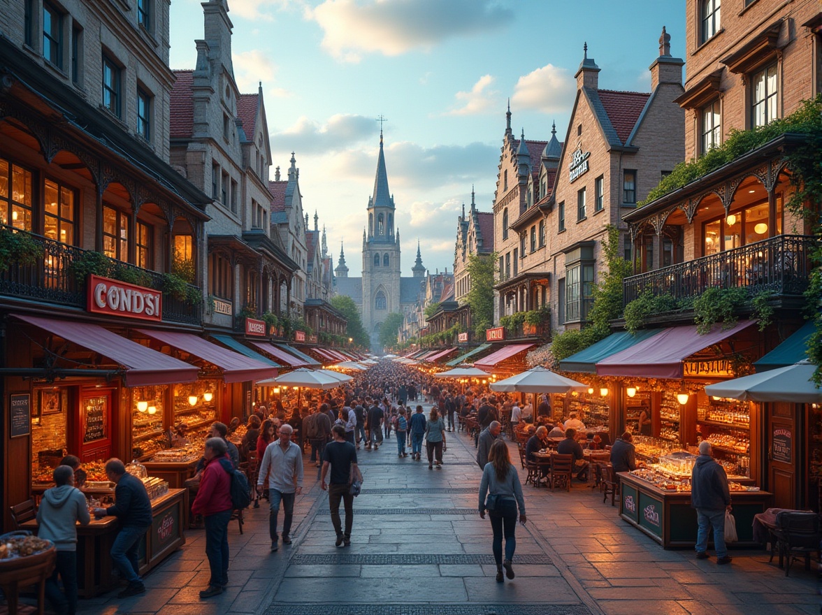 Prompt: Vibrant market square, eclectic architectural styles, mixed-use buildings, ornate facades, intricate stonework, decorative ironwork, colorful signage, bustling street life, lively atmosphere, warm evening lighting, shallow depth of field, 3/4 composition, panoramic view, realistic textures, ambient occlusion.