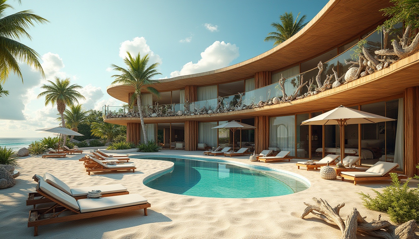 Prompt: Coastal beachside villa, curved lines, wooden accents, natural textures, driftwood decorations, ocean-inspired color palette, seashell patterns, sandy walkways, tropical plants, palm trees, sunny day, warm soft lighting, 1/1 composition, symmetrical architecture, large windows, sliding glass doors, cantilevered roofs, beachy ambiance, seaside atmosphere, nautical elements, ropes and anchors, distressed wood finishes, coral-inspired motifs, ocean breeze sounds.