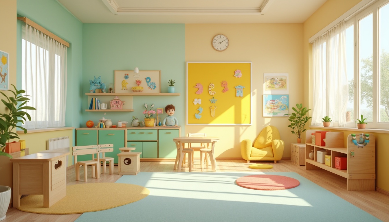 Prompt: Vibrant kindergarten classroom, playful color scheme, soft pastel hues, gentle beige walls, warm yellow accents, calming blue tones, lively green furniture, whimsical murals, educational charts, wooden shelves, cozy reading nooks, plush area rugs, natural light pouring in, sheer curtains, modern minimalist decor, rounded edges, child-friendly materials, interactive display boards, colorful storage bins, engaging sensory play areas, dynamic 3D shapes, joyful atmosphere, softbox lighting, shallow depth of field, 1/1 composition, realistic textures.