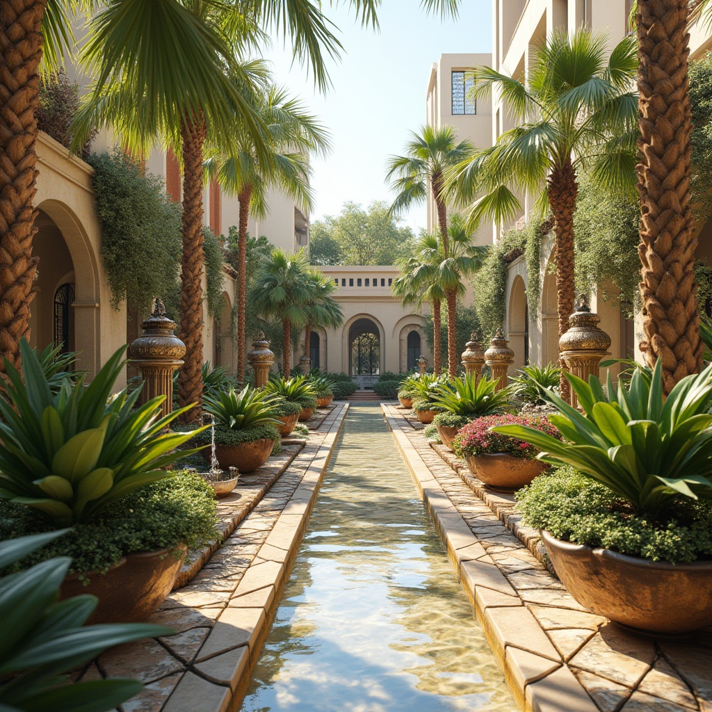 Prompt: Geometric gardens, symmetrical planters, ornate fountains, Art Deco-inspired sculptures, lavish greenery, vibrant flower arrangements, ornamental ironwork, geometric paving patterns, tropical palm trees, bright sunny day, warm golden lighting, shallow depth of field, 3/4 composition, panoramic view, realistic textures, ambient occlusion, luxurious outdoor furniture, bold colorful accents, metallic decorative elements.