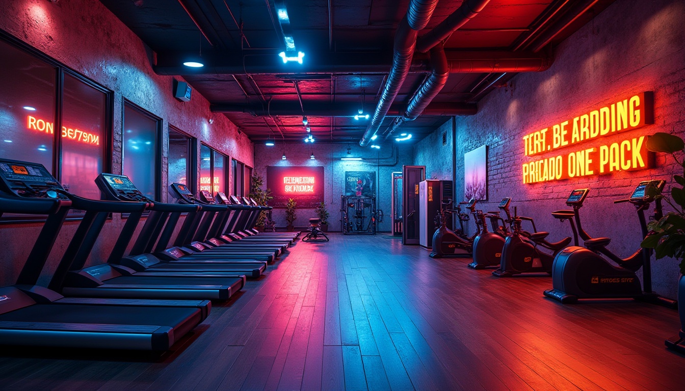 Prompt: Vibrant fitness club, dynamic neon lights, bold color scheme, energetic atmosphere, motivational quotes, modern equipment, sleek metal surfaces, industrial chic decor, high-contrast colors, deep blues, fiery oranges, electric yellows, motivational posters, urban concrete walls, polished wood floors, natural stone accents, futuristic LED lighting, shallow depth of field, 3/4 composition, panoramic view, realistic textures, ambient occlusion.