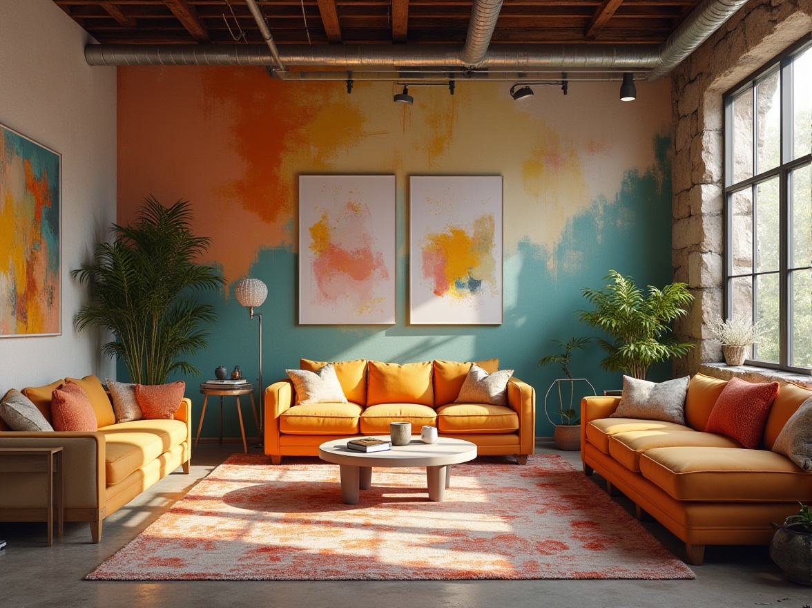 Prompt: Vibrant artistic studio, eclectic furniture pieces, bold brushstroke walls, abstract expressionist artwork, rich wooden accents, industrial metal beams, modern minimalist decor, natural light pouring in, warm cozy atmosphere, pastel color scheme, contrasting textures, 3/4 composition, shallow depth of field, realistic rendering.