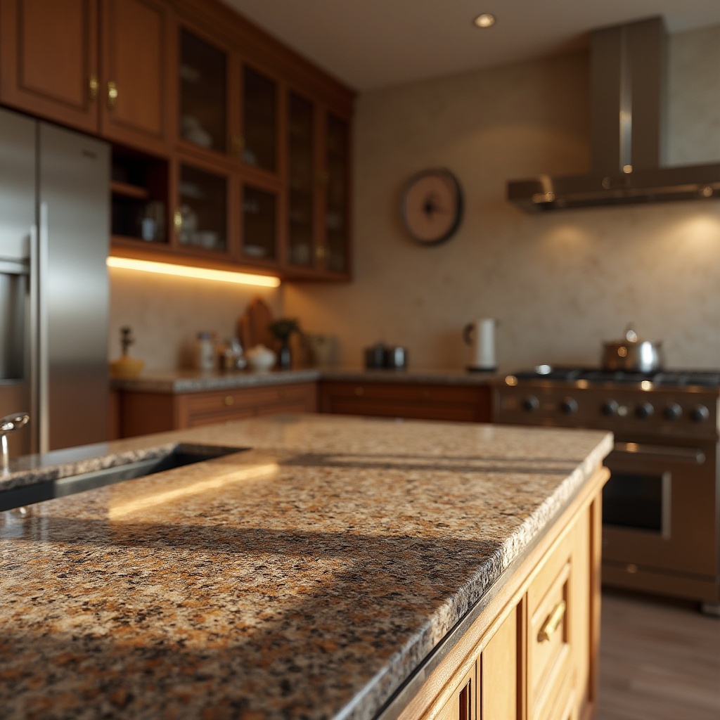 Prompt: Luxurious interior design, polished granite countertops, rich earthy tones, subtle speckled patterns, high-gloss finish, modern kitchen island, sleek cabinetry, stainless steel appliances, ambient warm lighting, shallow depth of field, 1/1 composition, realistic textures, atmospheric occlusion.