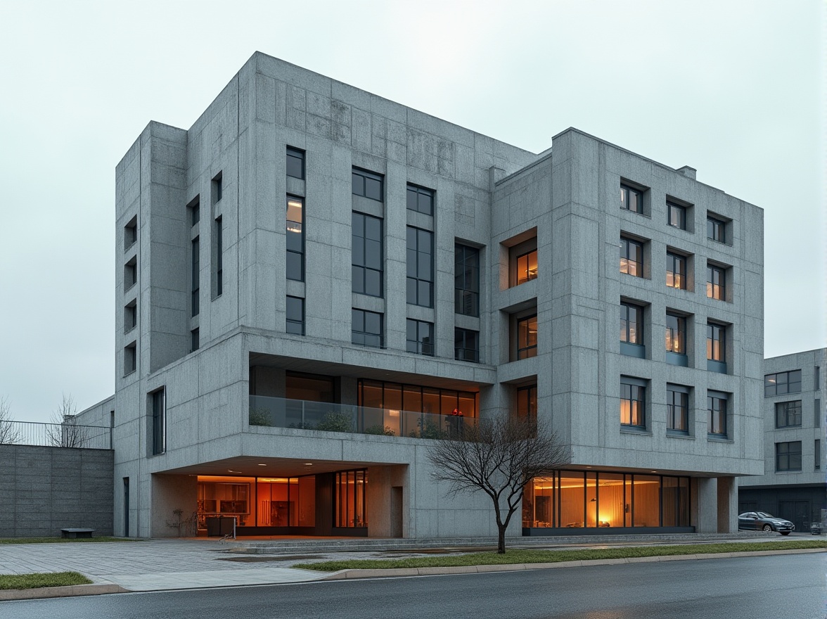 Prompt: Rationalist hospital building, geometric shapes, industrial materials, concrete walls, steel frames, large windows, functional layout, minimalist decor, bold color accents, asymmetrical compositions, brutalist architecture, urban cityscape, overcast sky, soft diffused lighting, high-contrast shadows, 1/2 composition, architectural photography, realistic renderings, ambient occlusion.