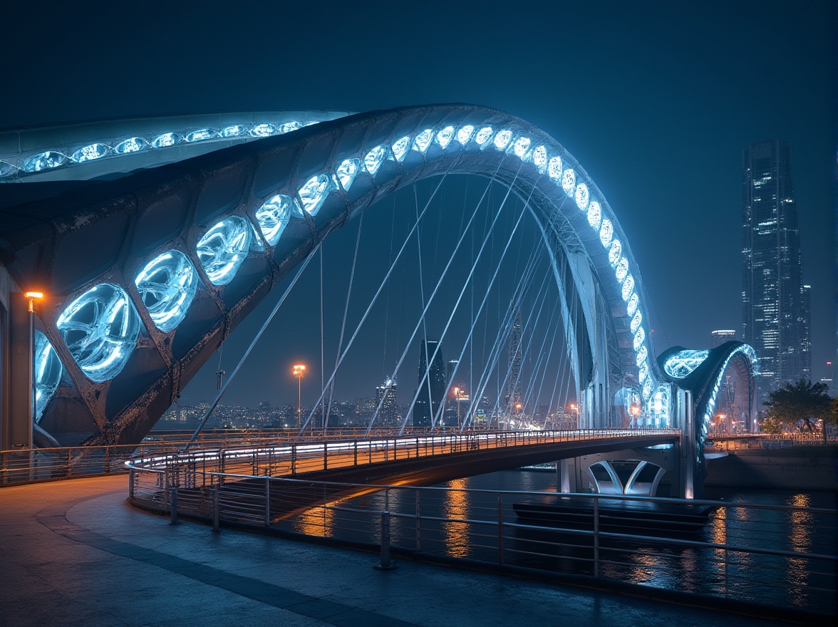 Prompt: Futuristic bridge design, sleek steel arches, cantilevered walkways, suspension cables, metallic latticework, LED light installations, dynamic curves, aerodynamic shapes, high-strength concrete piers, stainless steel railings, futuristic lamp posts, urban cityscape, dramatic night lighting, shallow depth of field, 3/4 composition, panoramic view, realistic reflective surfaces, ambient occlusion.