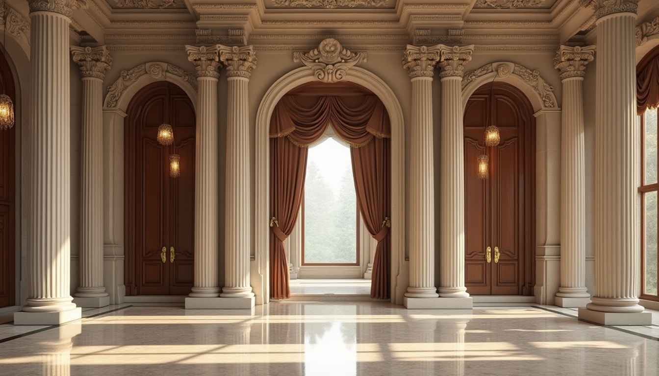 Prompt: Grand neoclassical facade, ornate stone carvings, Corinthian columns, rusticated base, marble flooring, polished wooden doors, bronze hardware, crystal chandeliers, velvet drapes, intricate moldings, high ceilings, symmetrical composition, soft warm lighting, subtle shadows, 1/1 aspect ratio, realistic textures, ambient occlusion.