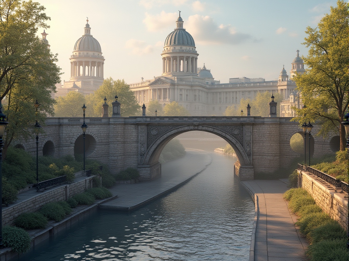 Prompt: Elegant vehicular bridge, neoclassical architecture, grand arches, ornate ironwork, rustic stone piers, smooth asphalt roads, vibrant urban landscape, morning mist, soft warm lighting, shallow depth of field, 1/2 composition, symmetrical view, realistic textures, ambient occlusion, intricate stonework, decorative lampposts, flowing water features, lush greenery, blooming flowers.