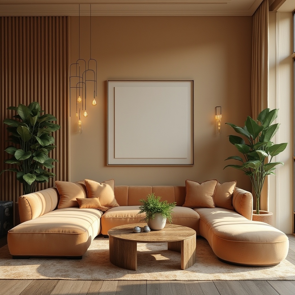 Prompt: Cozy living room, warm beige walls, plush velvet sofas, wooden coffee tables, vibrant green plants, soft golden lighting, minimalist decor, modern abstract art, elegant chandeliers, marble countertops, sleek metal accents, comfortable throw pillows, rustic wooden flooring, inviting color schemes, calming atmosphere, relaxing ambiance, 1/1 composition, shallow depth of field, warm natural light.