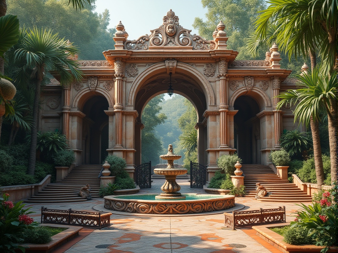 Prompt: Majestic zoo entrance, grandiose archways, ornate columns, carved stone fa\u00e7ades, rustic brick walls, curved staircases, intricate iron railings, ornamental fountain, lush greenery, tropical plants, exotic flowers, majestic animal sculptures, soft warm lighting, shallow depth of field, 3/4 composition, panoramic view, realistic textures, ambient occlusion.