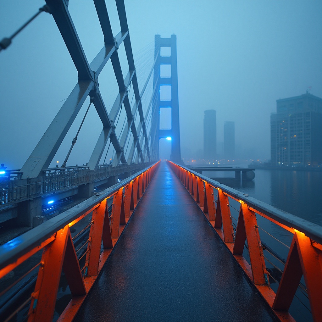 Prompt: \Sleek modern bridge, stainless steel cables, silver accents, dark grey pillars, neon blue LED lights, misty morning fog, urban cityscape, concrete piers, geometric shapes, angular lines, minimalist design, bold color contrasts, vibrant orange safety rails, weathered steel textures, dramatic arches, low-angle shot, 1/1 composition, high-contrast lighting, atmospheric perspective.\Please let me know if this meets your requirements!