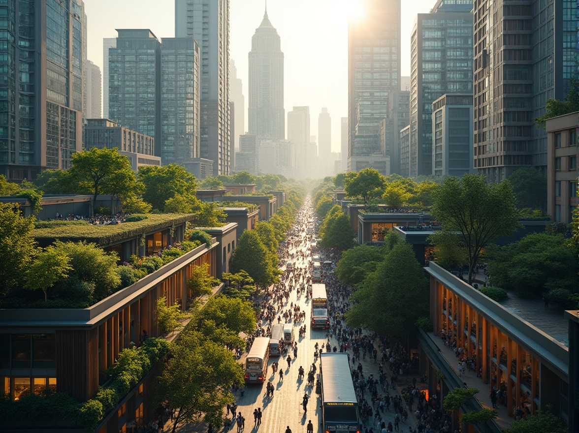 Prompt: Vibrant cityscape, urban density, mixed-use development, pedestrian-friendly streets, green roofs, vertical gardens, modern skyscrapers, glass facades, metallic accents, bustling street life, morning rush hour, warm natural light, shallow depth of field, 2/3 composition, aerial view, realistic textures, ambient occlusion.