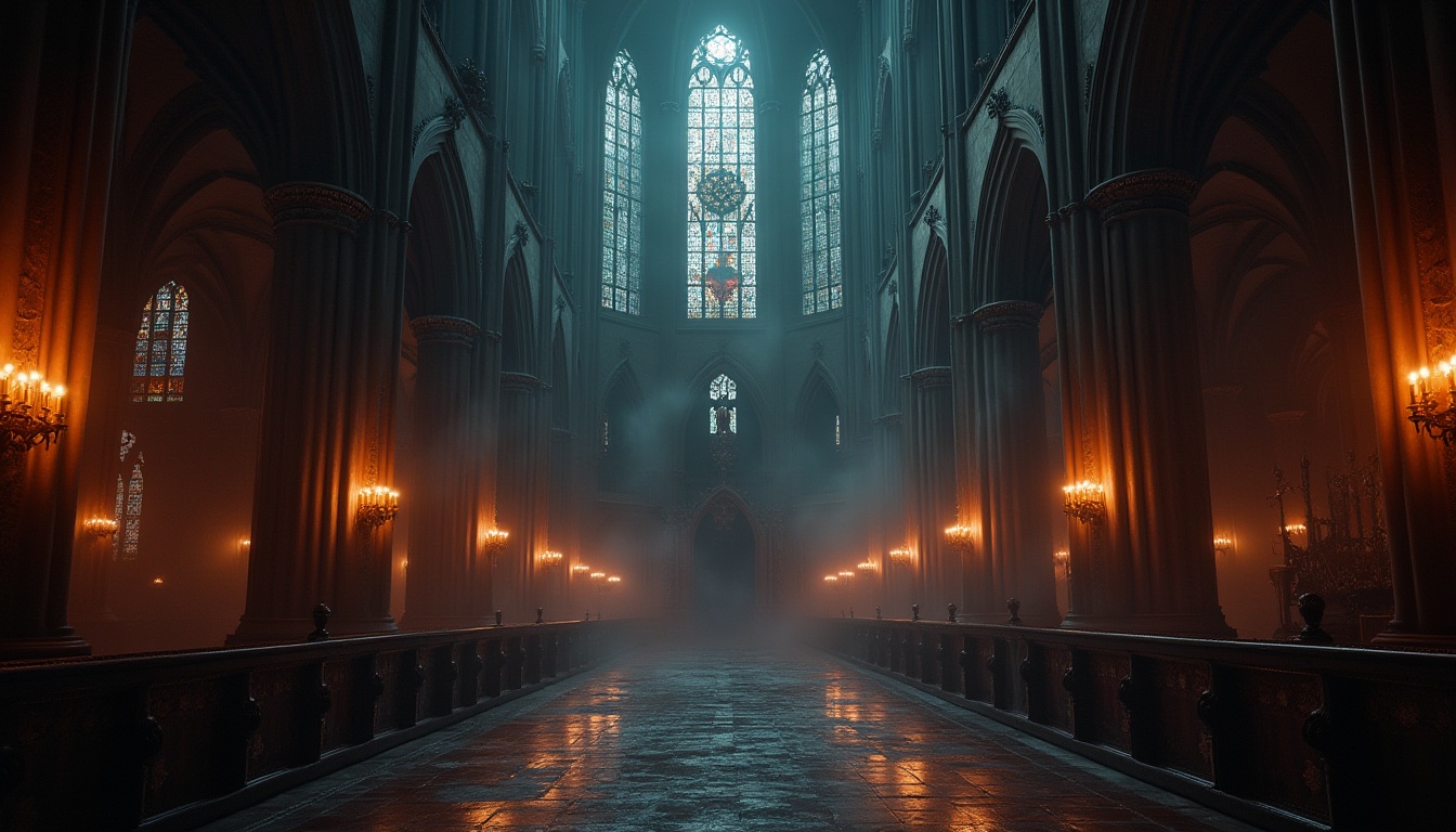 Prompt: Ominous cathedral interior, stained glass windows, dim warm candlelight, flickering torches, misty atmosphere, mysterious shadows, intricate stone carvings, grand vaulted ceilings, dramatic beam lighting, eerie fog effects, subtle crepuscular rays, mystical lanterns, rich velvet drapes, ornate metalwork, ancient frescoes, mysterious alcoves, hauntingly lit corridors, sense of foreboding, cinematic composition, high contrast ratio, warm color palette.