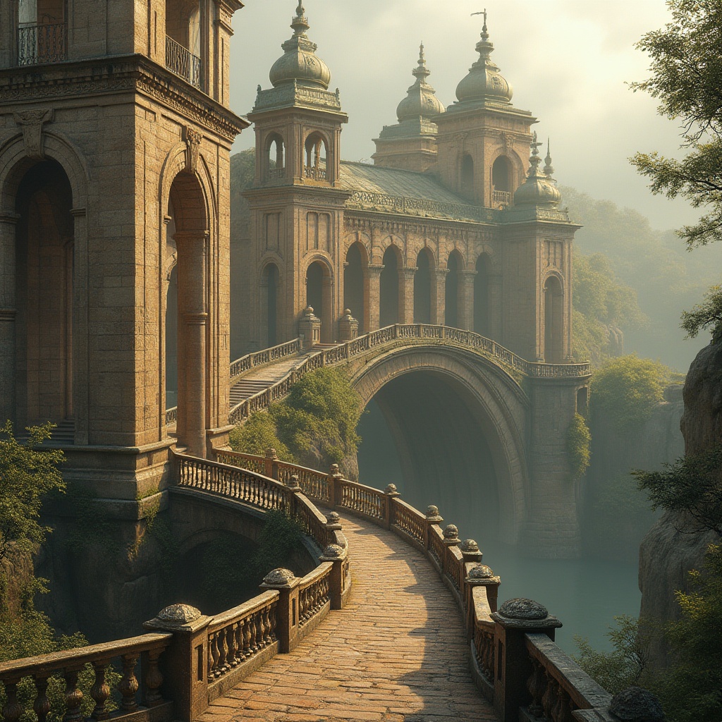 Prompt: Majestic bridge, neoclassical arches, ornate stone carvings, rustic brickwork, elegant balustrades, refined iron railings, weathered copper accents, muted earth tones, soft beige, warm terracotta, mossy green, subtle golden lighting, misty atmospheric effects, cinematic depth of field, 2/3 composition, symmetrical framing, rich textures, high-contrast shading.