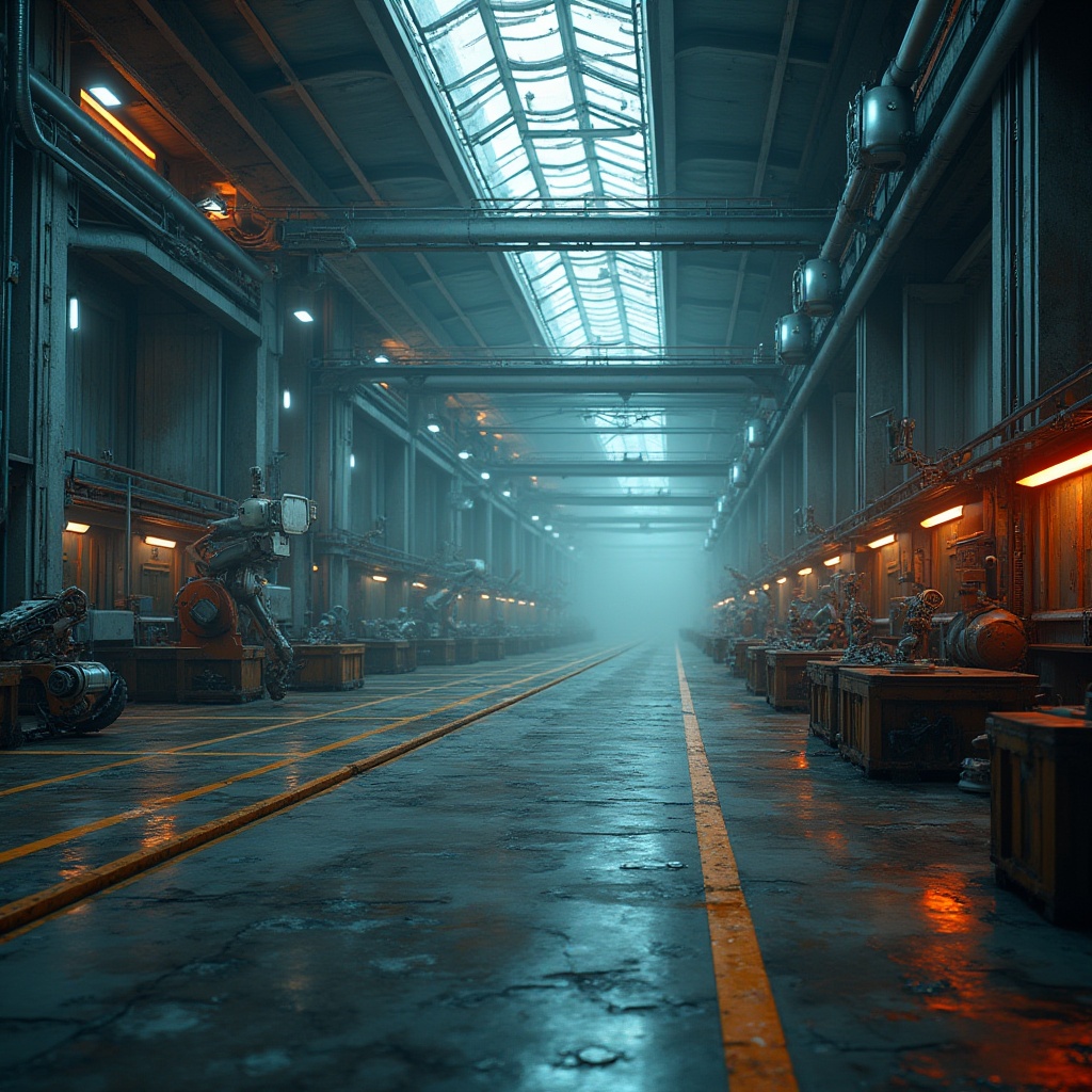 Prompt: Industrial futuristic factory, metallic structures, neon lights, cyberpunk atmosphere, dark grey concrete walls, sleek steel beams, vibrant orange accents, electric blue highlights, glowing LED strips, futuristic machinery, robotic arms, metallic pipes, worn wooden crates, distressed textures, atmospheric fog, soft misty lighting, shallow depth of field, 2/3 composition, cinematic view, realistic reflections, ambient occlusion.