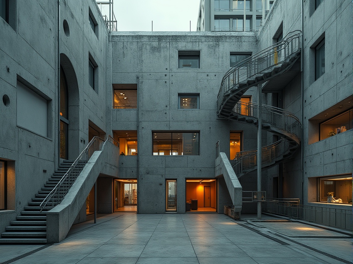 Prompt: Rugged research center, brutalist architecture, raw concrete walls, industrial metal frames, geometric shapes, abstract patterns, bold color accents, futuristic lab equipment, sleek minimalist interiors, high-tech surveillance systems, secured entry points, dramatic staircases, exposed ductwork, urban cityscape, overcast sky, low-key lighting, shallow depth of field, 2/3 composition, realistic textures, ambient occlusion.