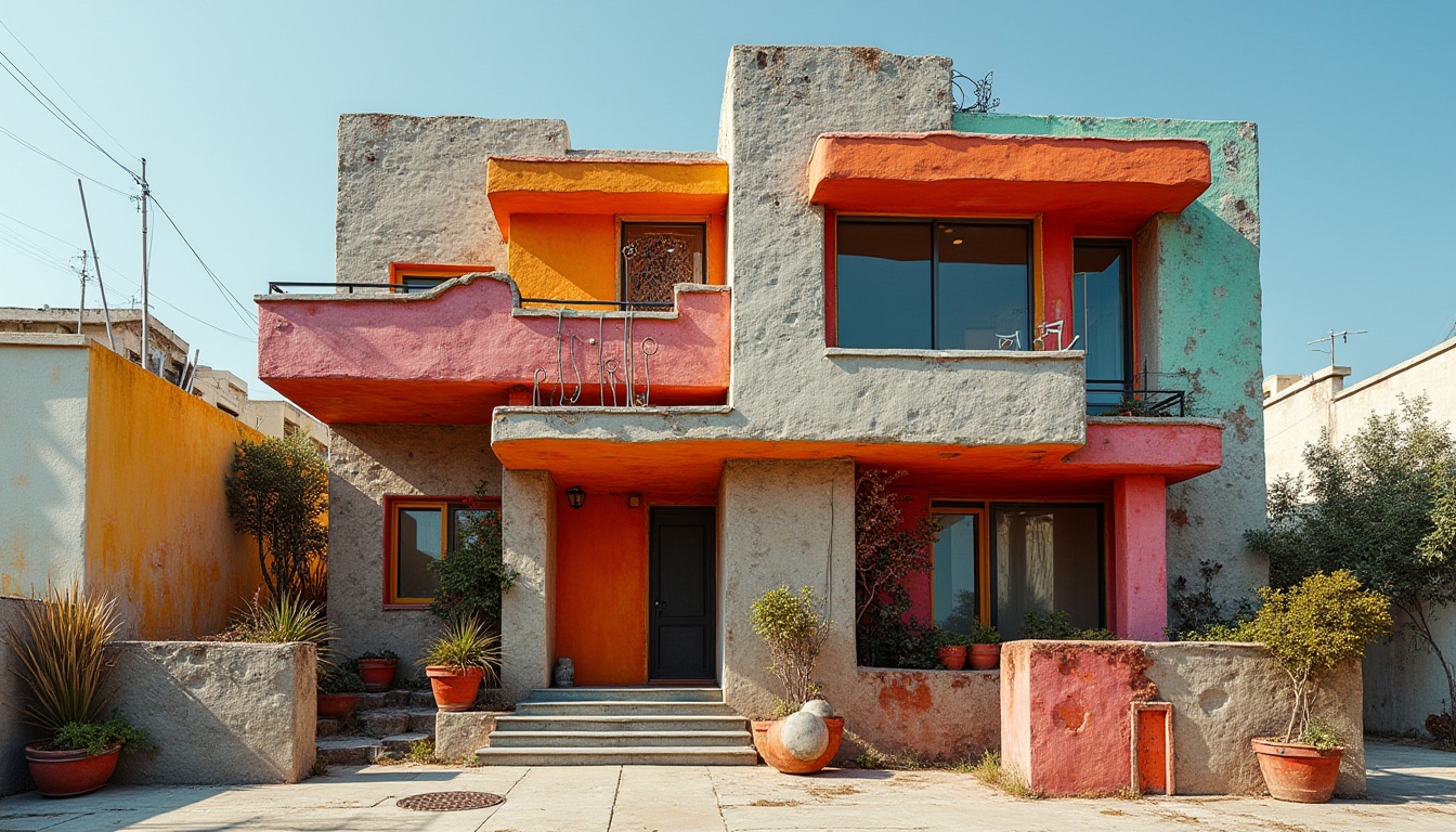 Prompt: Vibrant postmodern house facade, playful juxtaposition of shapes, irregular forms, bold color blocking, fragmented windows, multiple rooflines, asymmetrical composition, ornate metalwork, abstract sculptures, irregular brick patterns, textured concrete walls, irregularly shaped columns, playful use of materials, whimsical decorations, eclectic mix of styles, nostalgic nods to history, ornate doorways, intricate stonework, dynamic shadows, dramatic lighting, high contrast colors, 3/4 composition, cinematic view, realistic textures, ambient occlusion.