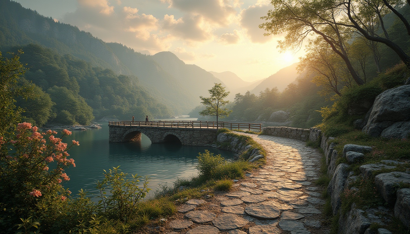 Prompt: Seamless landscape integration, organic curves, native plant species, weathered stone walls, rustic wooden bridges, meandering streams, serene lakeside, rolling hills, misty forests, dramatic skies, warm sunlight, soft focus, atmospheric perspective, 1/2 composition, natural textures, earthy color palette, subtle shading, realistic ambient occlusion.