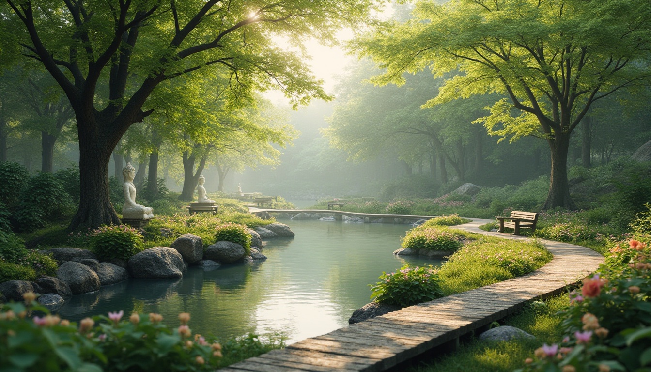 Prompt: Serene natural surroundings, lush greenery, vibrant flowers, meandering pathways, tranquil ponds, gentle water features, meditation areas, spiritual statues, peaceful benches, natural stone walkways, rustic wooden bridges, majestic trees, warm sunlight, soft misty atmosphere, shallow depth of field, 3/4 composition, panoramic view, realistic textures, ambient occlusion.