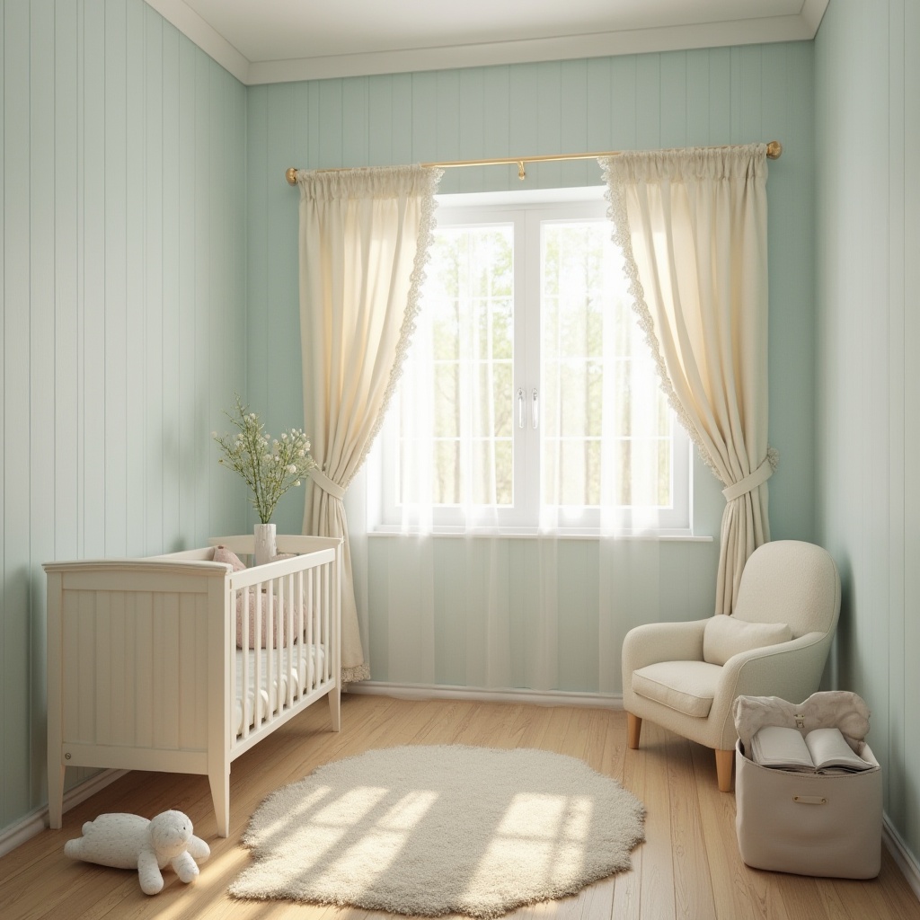 Prompt: Calm nursery room, soft baby blue walls, creamy white furniture, delicate lace curtains, warm beige carpet, gentle natural light, peaceful atmosphere, serene ambiance, cozy reading nook, plush toys, vintage wooden crib, tender pastel colors, soothing color scheme, subtle texture contrast, shallow depth of field, 1/1 composition, soft focus, realistic rendering, ambient occlusion.