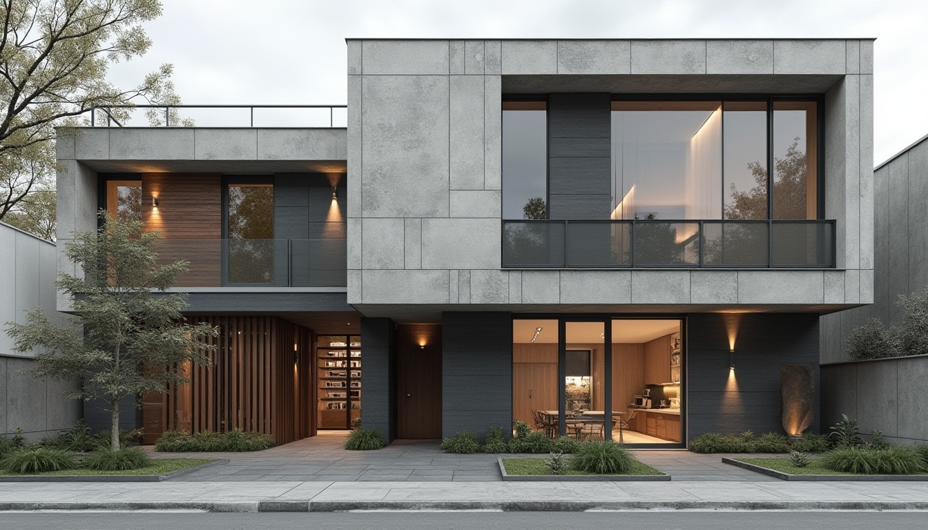 Prompt: Modern architectural facade, rough concrete walls, sleek metal cladding, translucent glass panels, weathered wooden accents, industrial-style brickwork, exposed ductwork, polished steel beams, minimalist ornamentation, neutral color palette, urban cityscape, cloudy day, soft diffused lighting, shallow depth of field, 1/1 composition, realistic material textures, ambient occlusion.