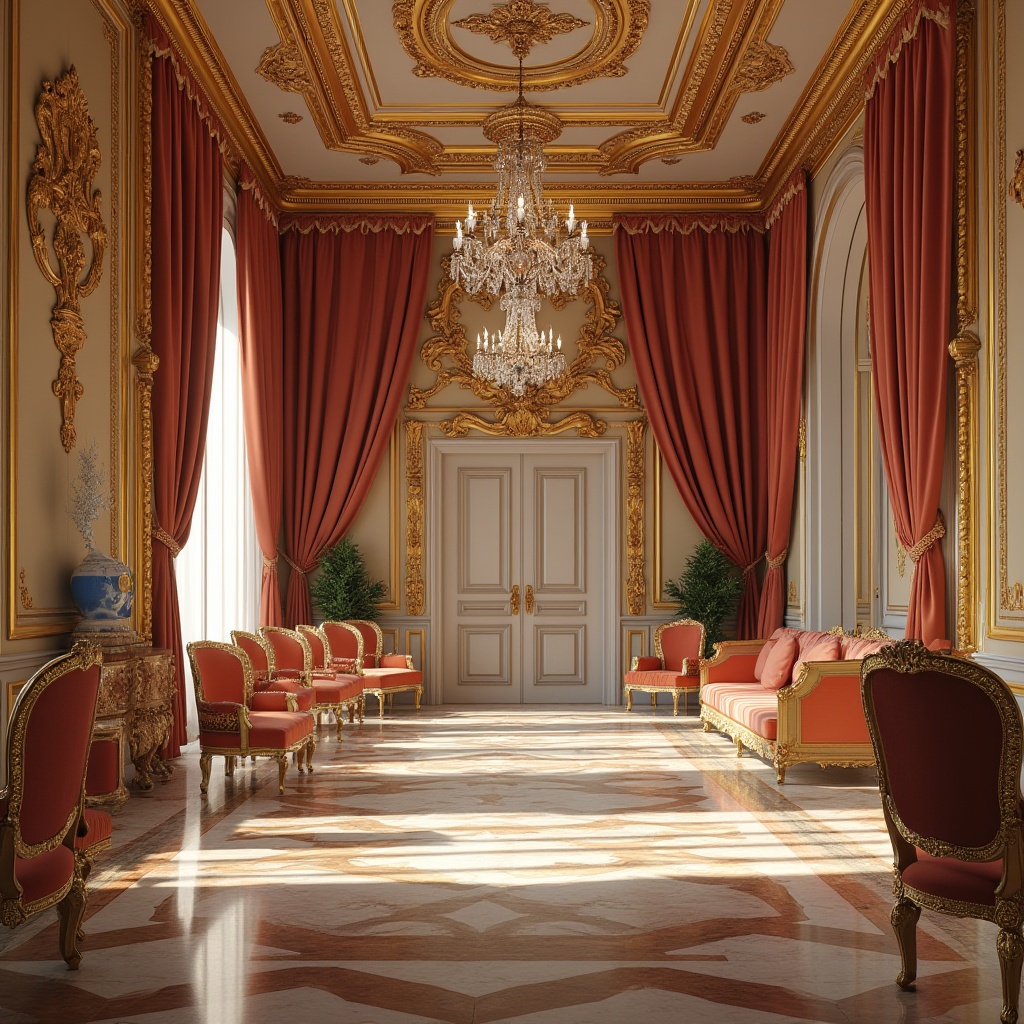 Prompt: Luxurious baroque interior, rich velvet fabrics, ornate golden accents, intricate marble patterns, lavish crystal chandeliers, warm beige walls, deep crimson reds, regal blues, soft peach tones, creamy whites, opulent gold leafing, dramatic shadows, high contrast lighting, 3/4 composition, symmetrical balance, realistic textures, ambient occlusion.