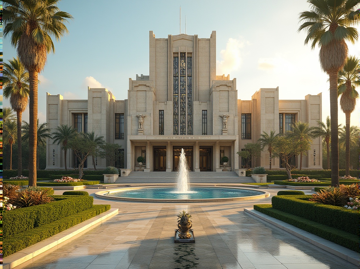 Prompt: Courthouse facade, Art Deco style, symmetrical architecture, ornate metalwork, geometric patterns, grand entrance, sweeping staircases, marble floors, lush greenery, manicured lawns, vibrant flowerbeds, sculpted hedges, monumental fountains, majestic palm trees, bronze statues, warm golden lighting, shallow depth of field, 3/4 composition, panoramic view, realistic textures, ambient occlusion.