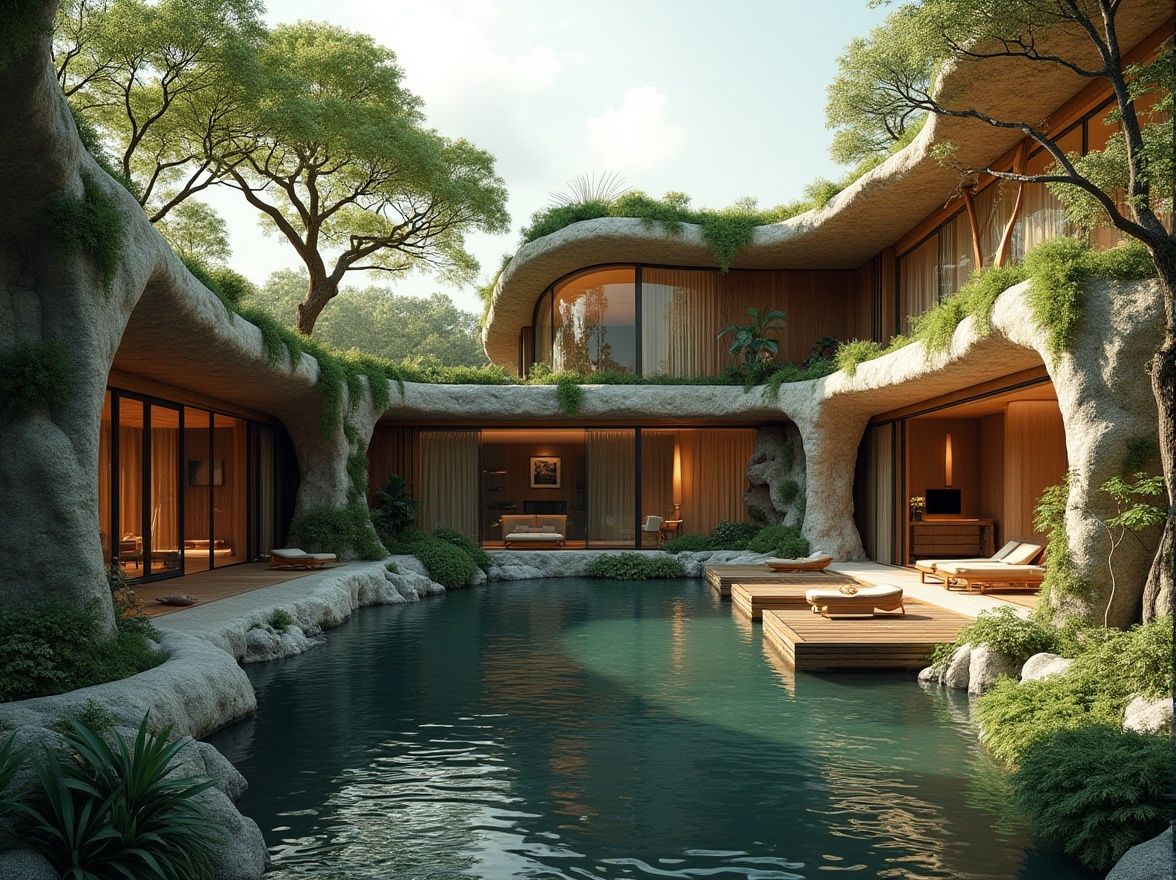 Prompt: Organic building curves, natural stone walls, green roofs, lush vegetation, trees integrated with architecture, waterfall features, rustic wood accents, earthy color palette, seamless indoor-outdoor transitions, minimalistic design, large windows, sliding glass doors, blurred boundaries, infinity pools, serene atmosphere, soft warm lighting, shallow depth of field, 3/4 composition, panoramic view, realistic textures, ambient occlusion.