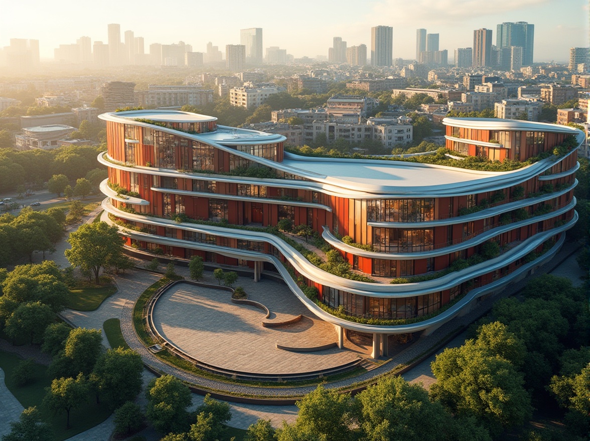 Prompt: Curved auditorium facade, undulating balconies, anodized aluminum cladding, double-glazed windows, cantilevered roofs, vibrant colored accents, social housing units, communal green spaces, outdoor amphitheater, urban landscape, morning sunlight, soft warm lighting, 1/2 composition, shallow depth of field, realistic textures, ambient occlusion.