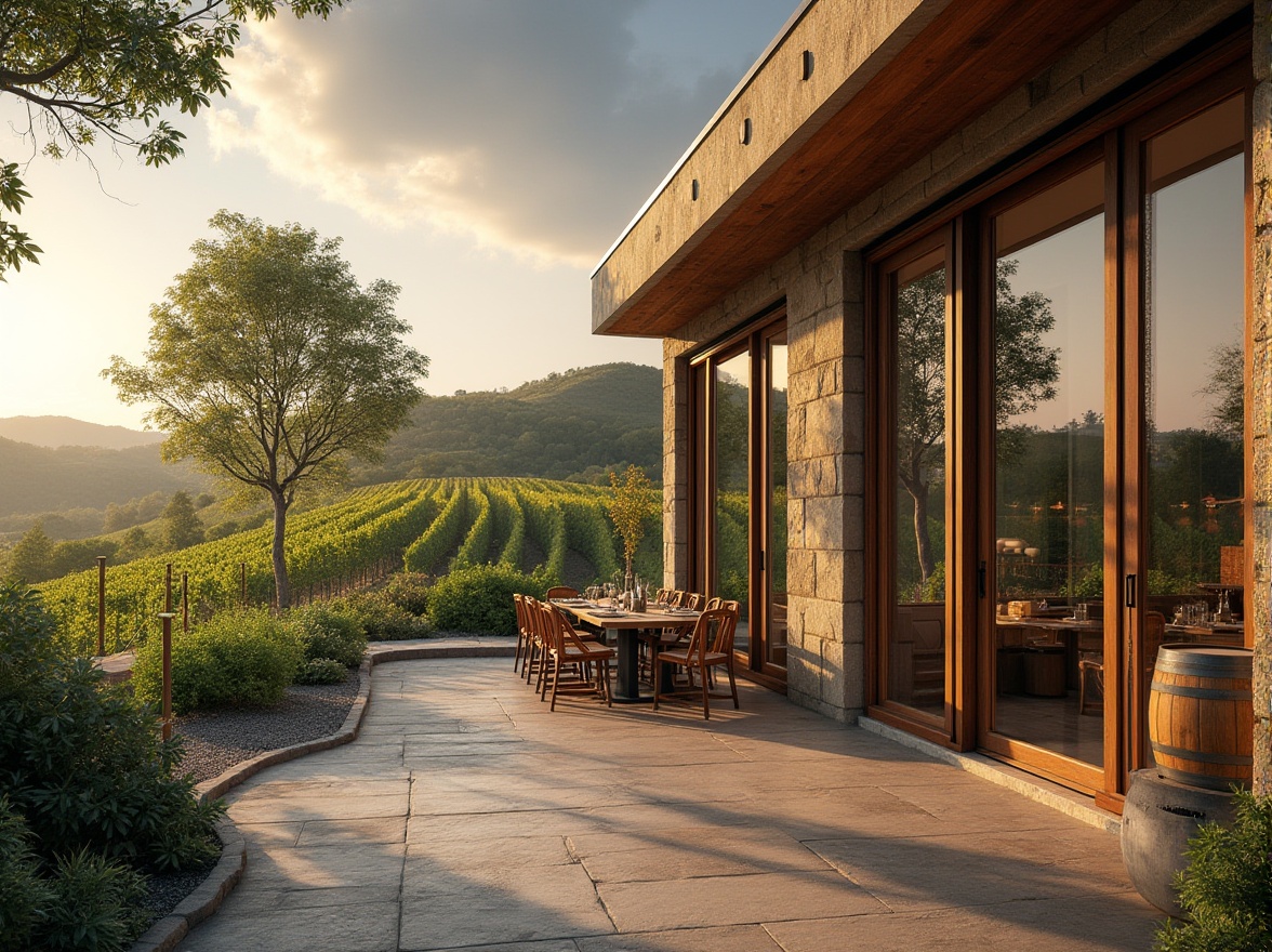 Prompt: Rustic winery, modernist architecture, clean lines, minimal ornamentation, large windows, sliding glass doors, wooden accents, stone walls, lush vineyards, rolling hills, sunny afternoon, warm soft lighting, shallow depth of field, 3/4 composition, panoramic view, realistic textures, ambient occlusion, elegant tasting rooms, wine barrels, wooden fermentation tanks, stainless steel equipment, industrial chic decor.