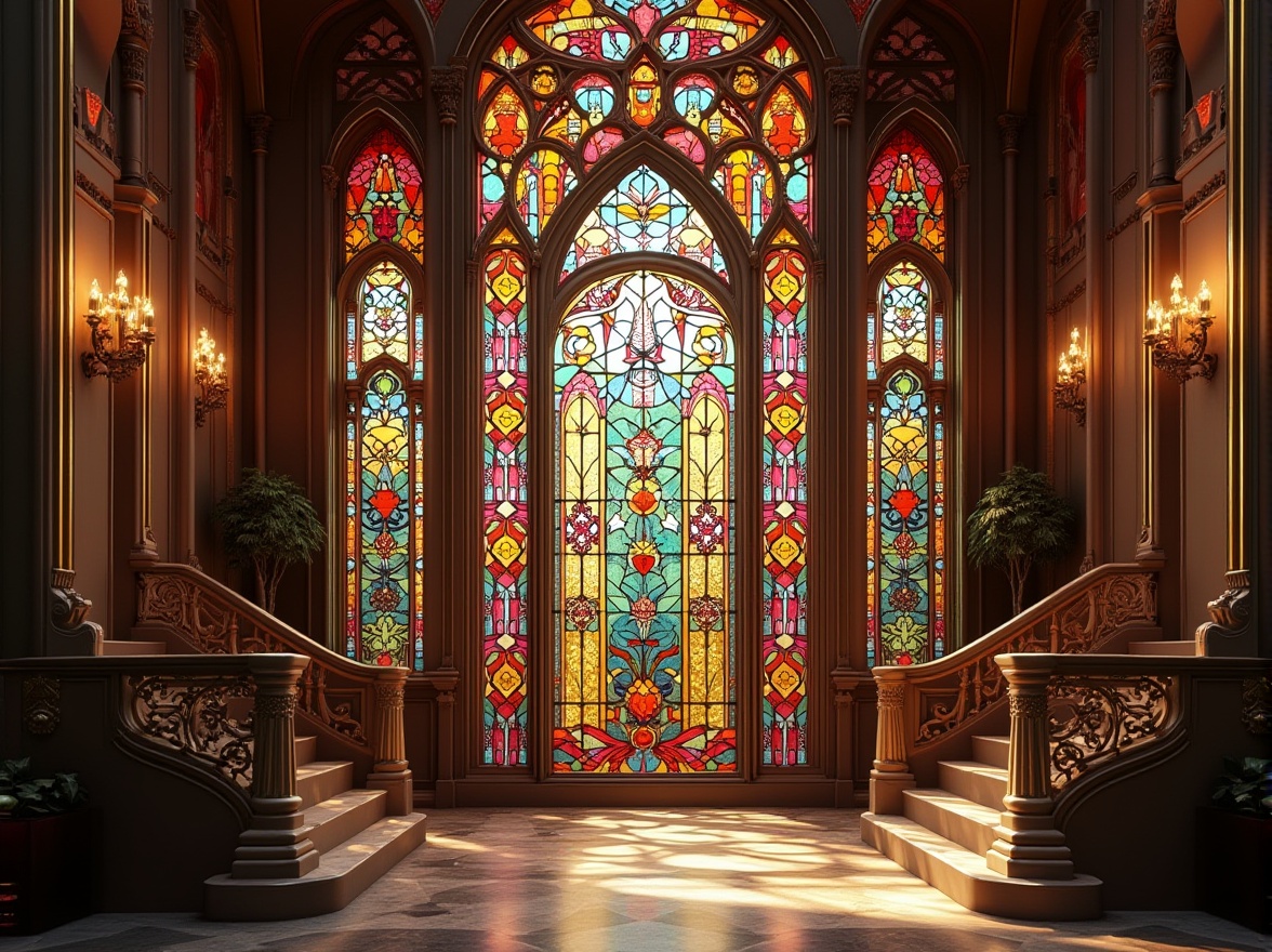 Prompt: Vibrant stained glass windows, Art Deco patterns, geometric shapes, colorful mosaics, luxurious interior design, opulent architecture, ornate details, metallic frames, symmetrical compositions, 1/1 aspect ratio, soft warm lighting, shallow depth of field, realistic textures, ambient occlusion, grandiose staircases, lavish chandeliers, intricate carvings, marble floors, velvet drapes.