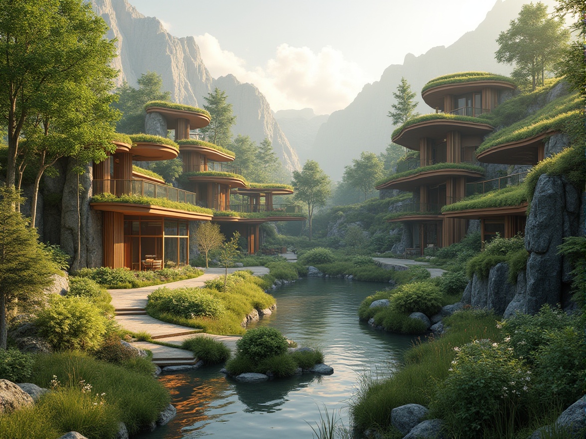 Prompt: Seamless landscape integration, natural harmony, blending buildings with nature, lush green roofs, living walls, organic curves, earthy tones, wooden accents, stone foundations, water features, serene ponds, flowing streams, native plant species, wildflower meadows, scenic vistas, soft warm lighting, atmospheric mist, shallow depth of field, 2/3 composition, cinematic view, realistic textures, ambient occlusion.