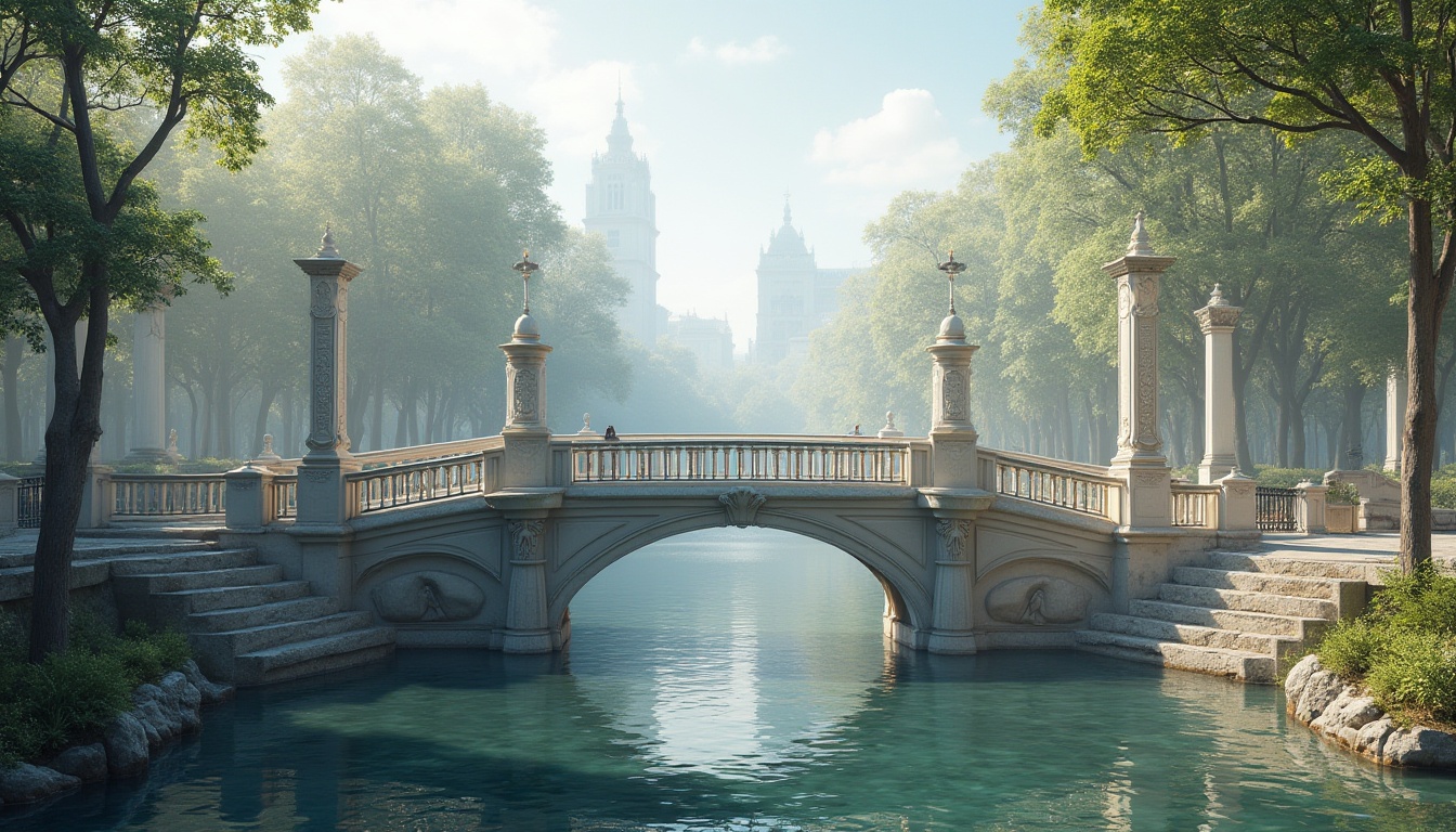 Prompt: Elegant pedestrian bridge, ornate lamp posts, classical arches, grandiose columns, intricately carved stonework, symmetrical balustrades, refined iron railings, majestic stone piers, serene water reflections, lush greenery surroundings, soft natural lighting, gentle misty atmosphere, 1/1 composition, central axis symmetry, realistic textures, ambient occlusion.