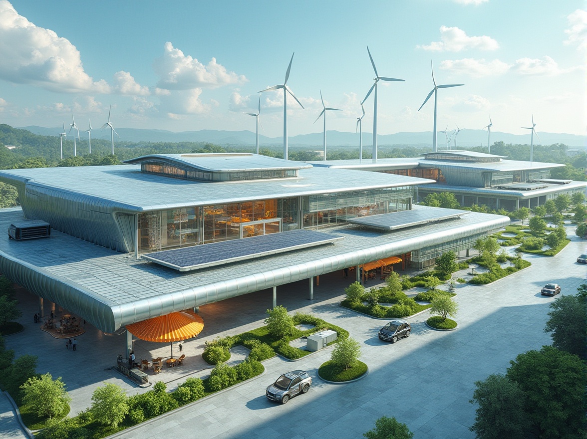 Prompt: Renewable energy plant, sleek modern architecture, gleaming silver surfaces, angular lines, minimalist design, solar panels, wind turbines, green roofs, eco-friendly materials, innovative cooling systems, shaded outdoor spaces, misting systems, natural ventilation, abundant daylight, futuristic aesthetic, vibrant colorful accents, intricate geometric patterns, industrial chic interiors, exposed ductwork, polished concrete floors, panoramic views, 3/4 composition, realistic textures, ambient occlusion.